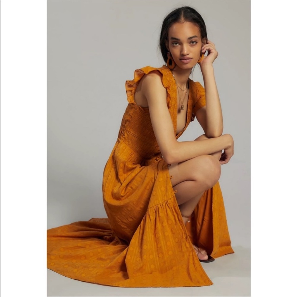 Anthropologie Gold Tiered Maxi Dress with Plunge Neckline